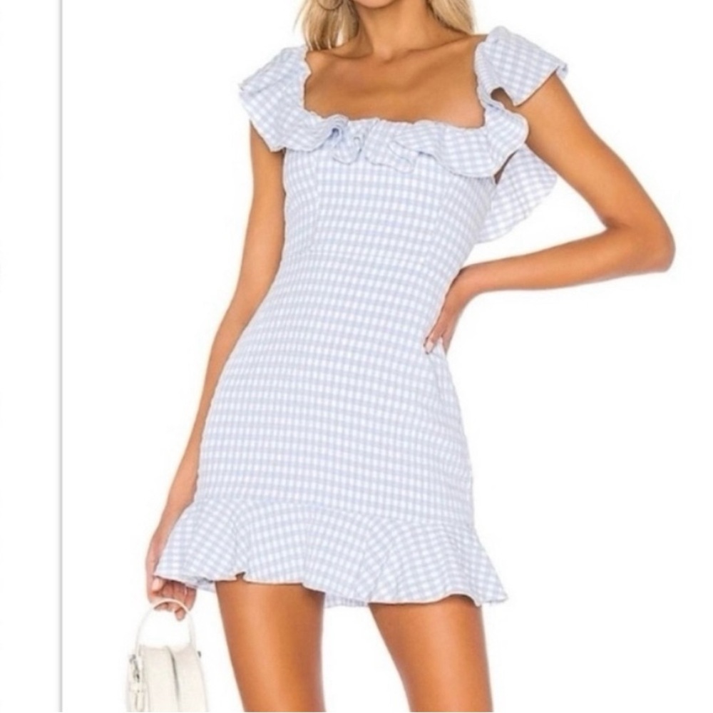 MAJORELLE Light Blue and White Gingham Mini Dress